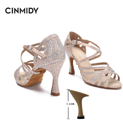 CINMIDY sieviešu latīņu deju apavi Rhinestones, mīkstas zoles salsas kurpes balles deju augstpapēžu kurpes Sieviešu sandales Sieviešu kāzu apavi