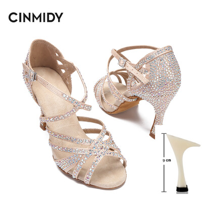 CINMIDY sieviešu latīņu deju apavi Rhinestones, mīkstas zoles salsas kurpes balles deju augstpapēžu kurpes Sieviešu sandales Sieviešu kāzu apavi
