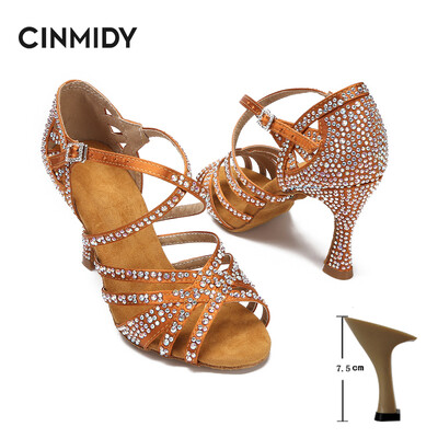 CINMIDY sieviešu latīņu deju apavi Rhinestones, mīkstas zoles salsas kurpes balles deju augstpapēžu kurpes Sieviešu sandales Sieviešu kāzu apavi