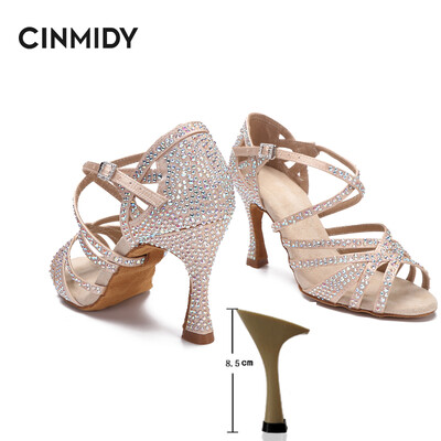 CINMIDY sieviešu latīņu deju apavi Rhinestones, mīkstas zoles salsas kurpes balles deju augstpapēžu kurpes Sieviešu sandales Sieviešu kāzu apavi