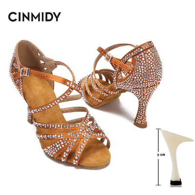 CINMIDY sieviešu latīņu deju apavi Rhinestones, mīkstas zoles salsas kurpes balles deju augstpapēžu kurpes Sieviešu sandales Sieviešu kāzu apavi