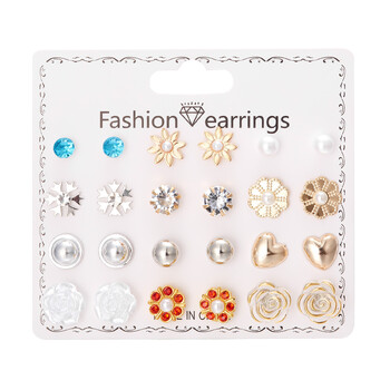 Cross Border New Moon Combination Earrings 12 Pairs Flower Love Stars Moon Diamond Map Σκουλαρίκια Σετ Σκουλαρίκια