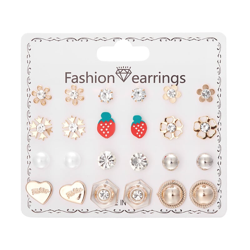 Cross Border New Moon Combination Earrings 12 Pairs Flower Love Stars Moon Diamond Map Σκουλαρίκια Σετ Σκουλαρίκια