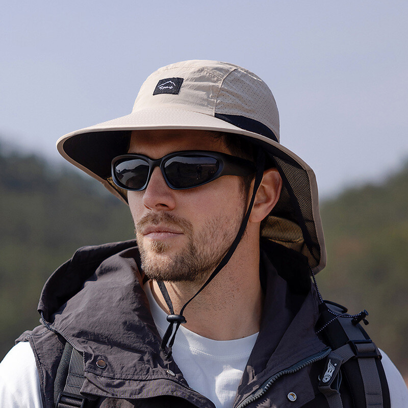 Vasaras ūdensizturīgas pret UV aizsardzību vīriešu cepures zvejniekiem ar šalli āra pārgājienu makšķerēšanai ar platām malām kausa cepure
