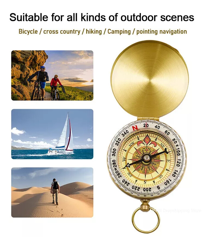Žygio žalvarinis išgyvenimo kompasas nešiojamas kišeninis laikrodis, stovyklavimo kompasas lauko kelionių taktinis įrankis su švytinčiu vandeniui atspariu