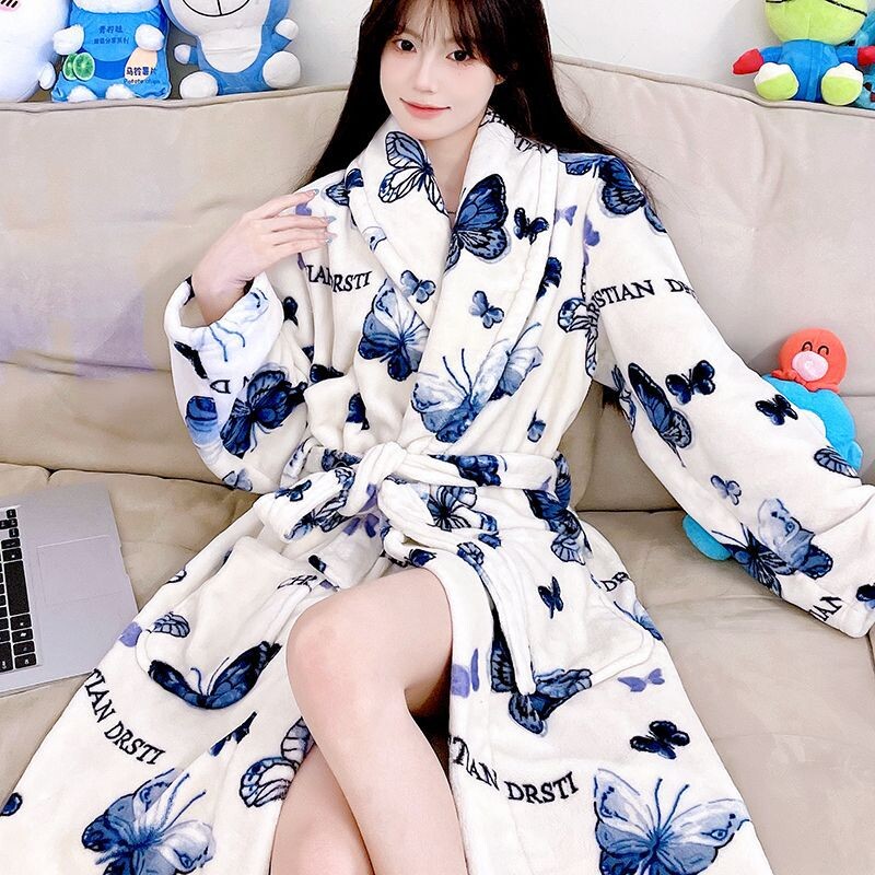 Pidžaamad naiste sügis- ja talvepaksus korall-sametist hommikumantel, soe kevad- ja sügisene flanellist pikkade varrukatega pidžaamad