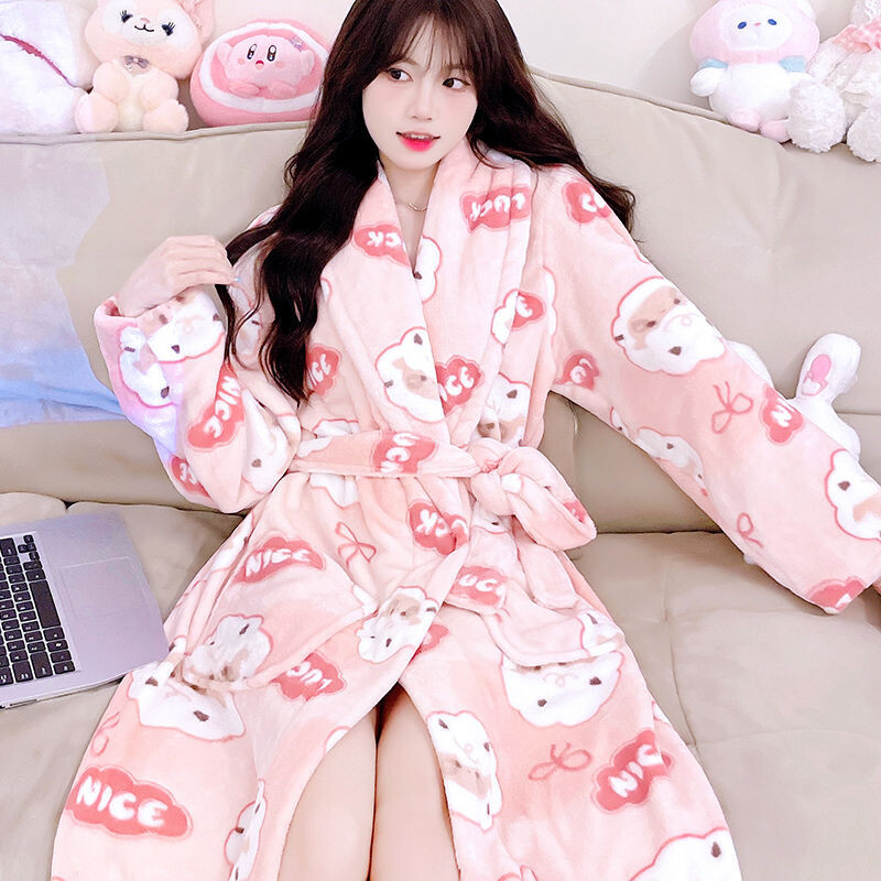 Pidžaamad naiste sügis- ja talvepaksus korall-sametist hommikumantel, soe kevad- ja sügisene flanellist pikkade varrukatega pidžaamad