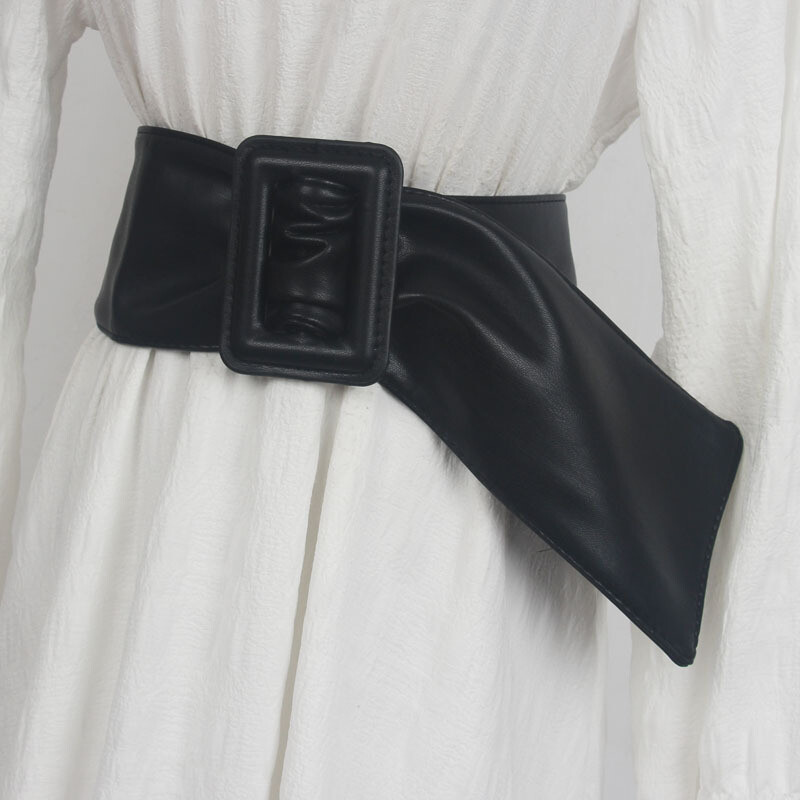 Дамска лятна рокля с декорация на широк колан, рокля с талия, модна универсална горна част с пояс, черно ретро