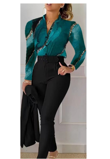  2023 Нова мода за Европа и Америка с щампи с дълги ръкави, плътен панталон, костюм с колан