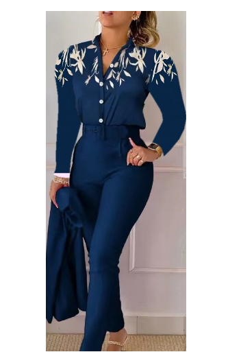  2023 Нова мода за Европа и Америка с щампи с дълги ръкави, плътен панталон, костюм с колан