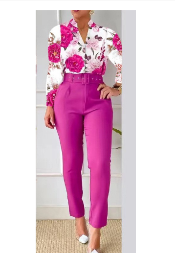  2023 Нова мода за Европа и Америка с щампи с дълги ръкави, плътен панталон, костюм с колан