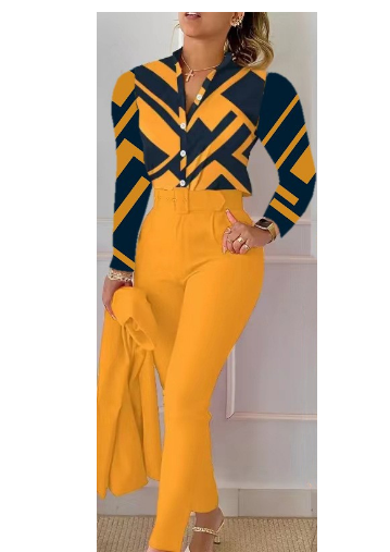  2023 Нова мода за Европа и Америка с щампи с дълги ръкави, плътен панталон, костюм с колан