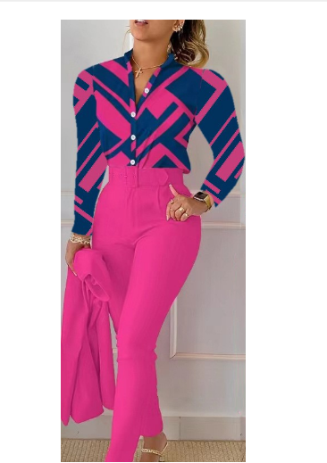  2023 Нова мода за Европа и Америка с щампи с дълги ръкави, плътен панталон, костюм с колан