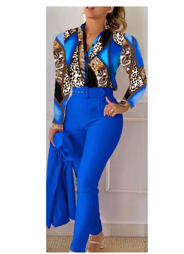  2023 Нова мода за Европа и Америка с щампи с дълги ръкави, плътен панталон, костюм с колан