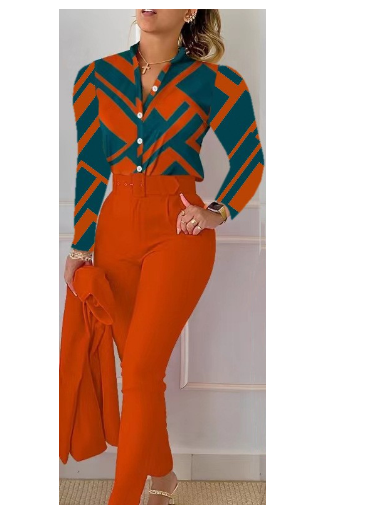  2023 Нова мода за Европа и Америка с щампи с дълги ръкави, плътен панталон, костюм с колан