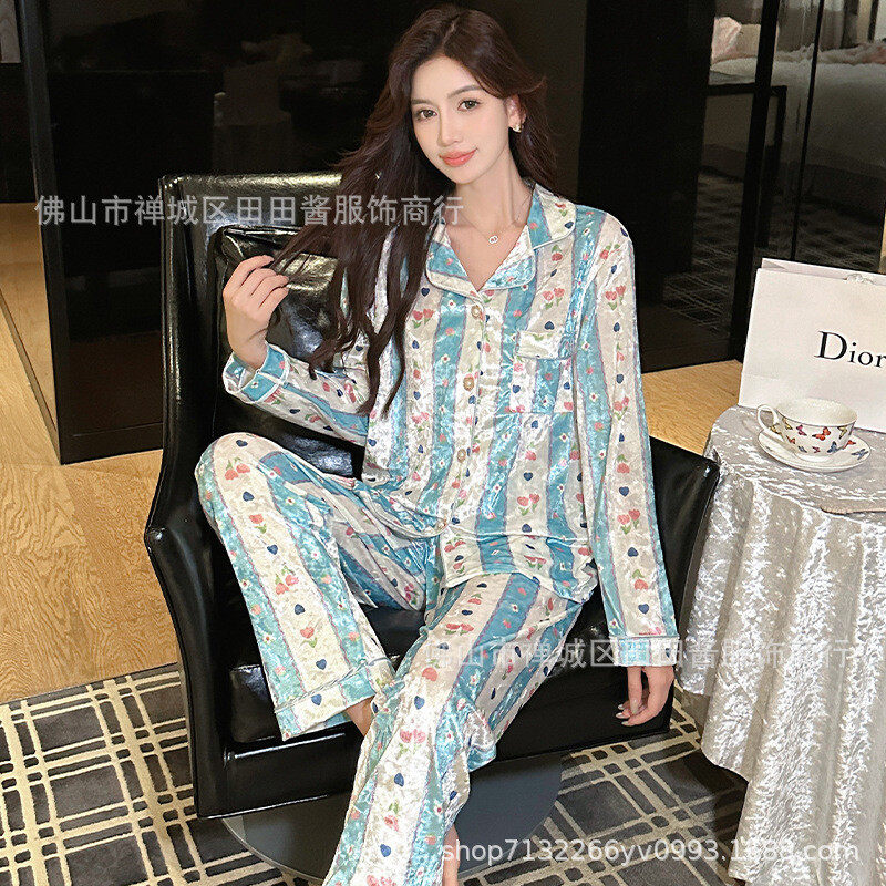 Домашно облекло, дамски златни кадифени нови златни диамантени кадифени пижами, дамска жилетка в стил принцеса, анимационен дворцов стил, есенна и зимна топлина