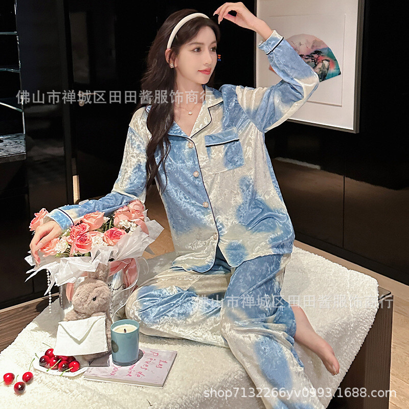 Домашно облекло, дамски златни кадифени нови златни диамантени кадифени пижами, дамска жилетка в стил принцеса, анимационен дворцов стил, есенна и зимна топлина