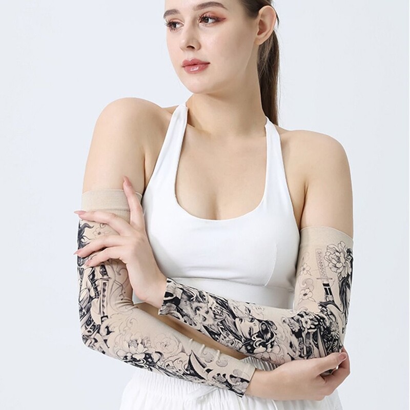 1Pair Tattood Ice Sleeve Flower Arm Seamless Ice Silk Sunscreen Sleeve Sleeve Arm Cover Riding Outdoor Arm Protection Мъже Жени