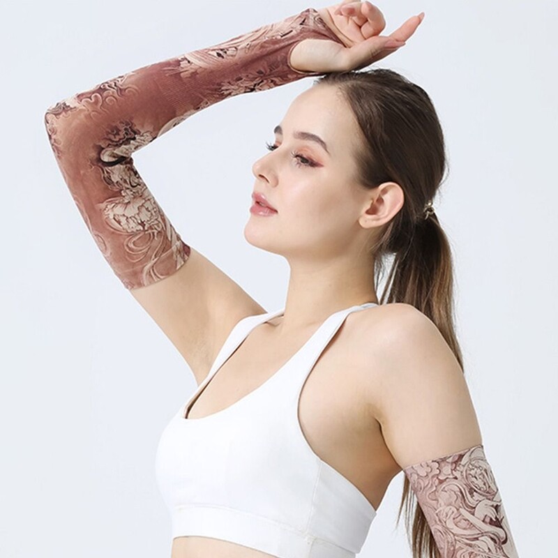 1Pair Tattood Ice Sleeve Flower Arm Seamless Ice Silk Sunscreen Sleeve Sleeve Arm Cover Riding Outdoor Arm Protection Мъже Жени