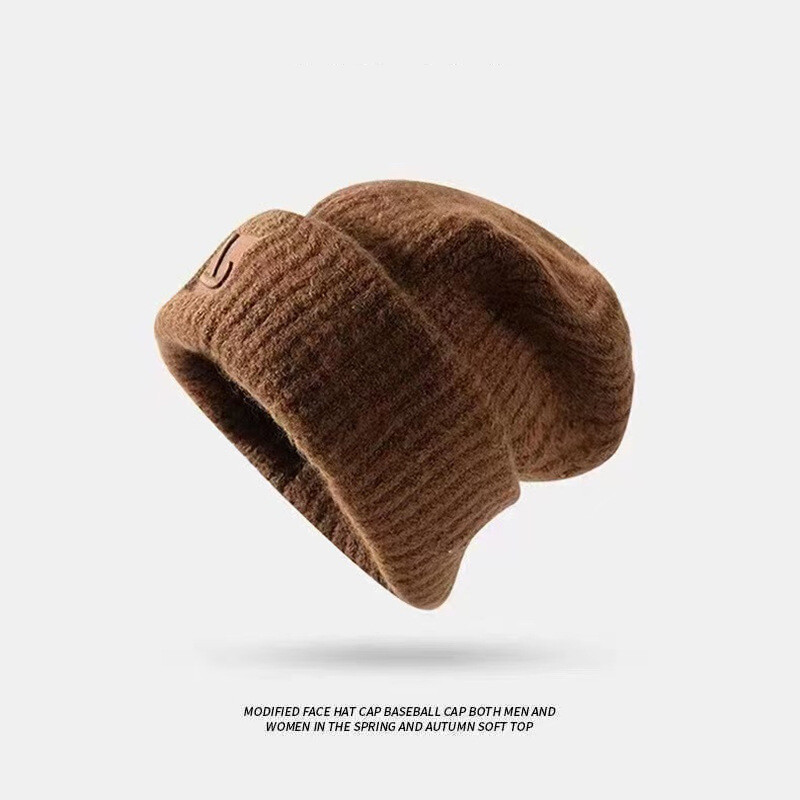 Veliki opseg glave Debela vunena kapa Ženska jesenska i zimska labava topla kapa s hladnom kapom Veliko lice koje pokazuje malu zaštitu za uši Pletena kapa