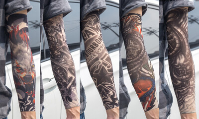 5 бр./лот Ръкави за татуировки Мъжки ръкавици Открит мотоциклетист Ръкавици Шофиране Слънцезащитен крем Риболов Колоездене Тотем с дълги ръкави Племенна татуировка Капак