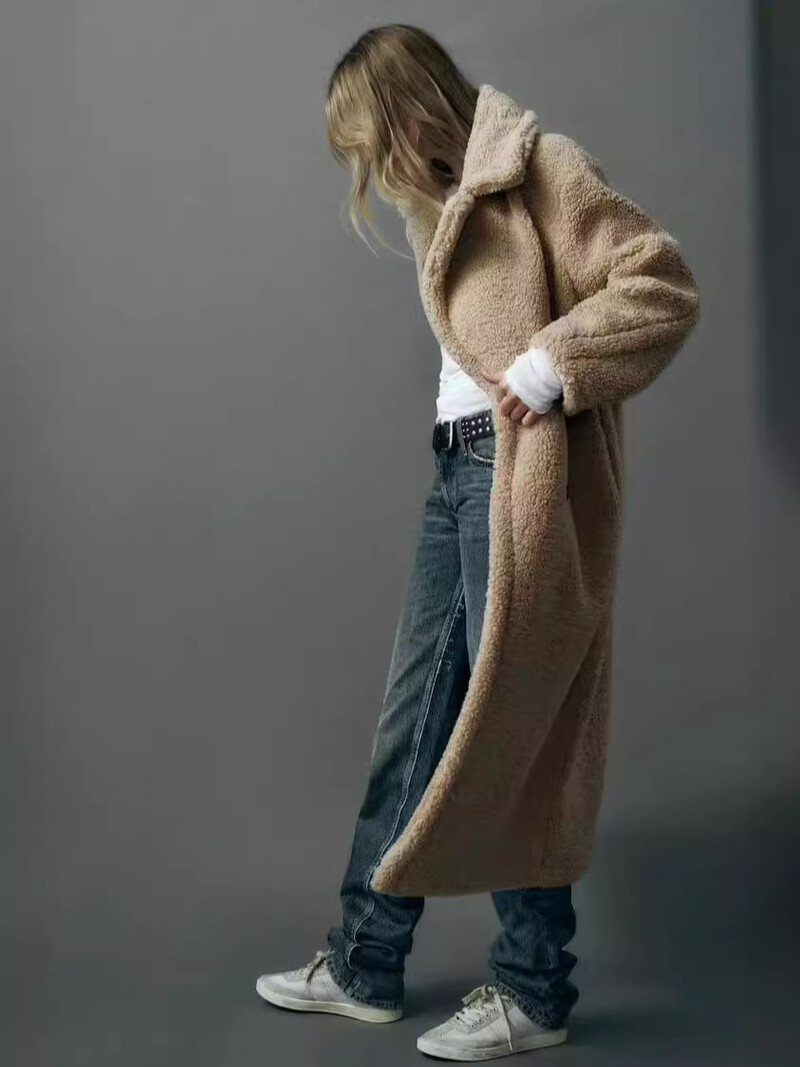 2024 ново качествено ежедневно палто от полар с ревери, двуредно свободно палто над коляното