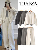 TRAFZA Дамски суитчър от 2 части в ретро цвят с цип бомбър + широк дамски костюм с кадифени панталони с висока талия