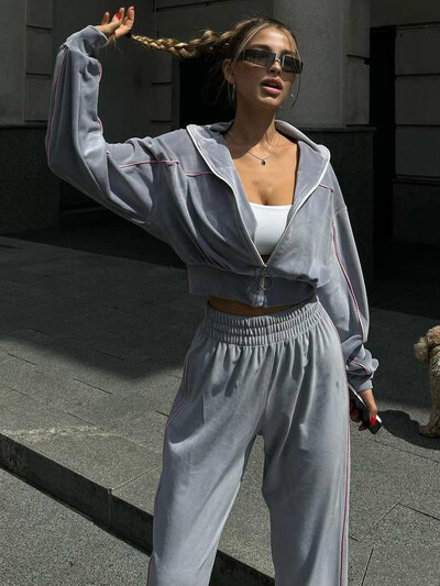 2024. Baršunasta trenirka, ženski set od 2 komada, modna majica s reverom, jakna s patentnim zatvaračem i odijelo s hlačama širokih nogavica, jesen-zima Y2K ulična odjeća