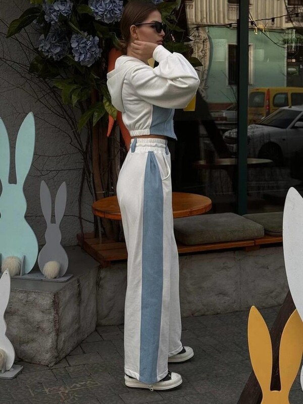 Модни комплекти от пачуърк деним от 2 части Дамско облекло Тънки суичъри с качулка Скроен топ Спортни панталони с широки крачоли Костюм Улично облекло Ежедневни анцузи