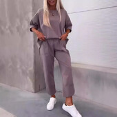 Dámske voľné ležérne dvojdielne jednofarebné skrátené nohavice s okrúhlym výstrihom pre ženy