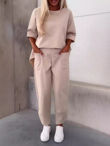 Dámske voľné ležérne dvojdielne jednofarebné skrátené nohavice s okrúhlym výstrihom pre ženy