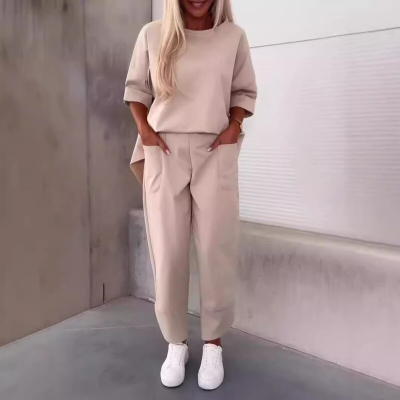 Dámske voľné ležérne dvojdielne jednofarebné skrátené nohavice s okrúhlym výstrihom pre ženy