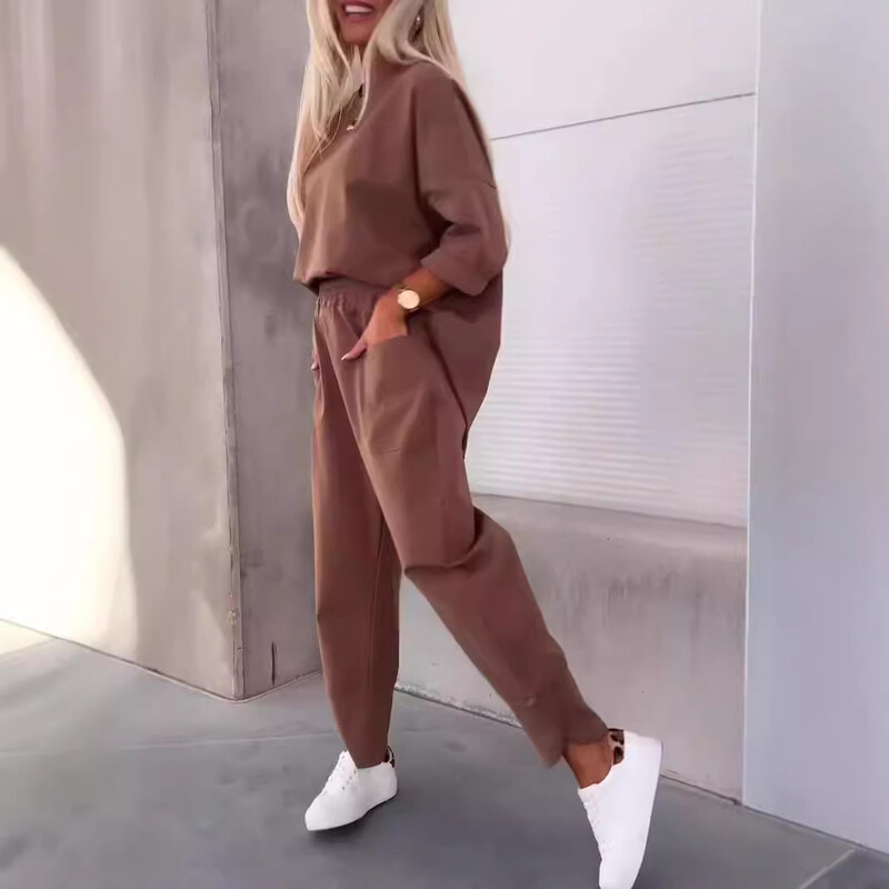 Dámske voľné ležérne dvojdielne jednofarebné skrátené nohavice s okrúhlym výstrihom pre ženy