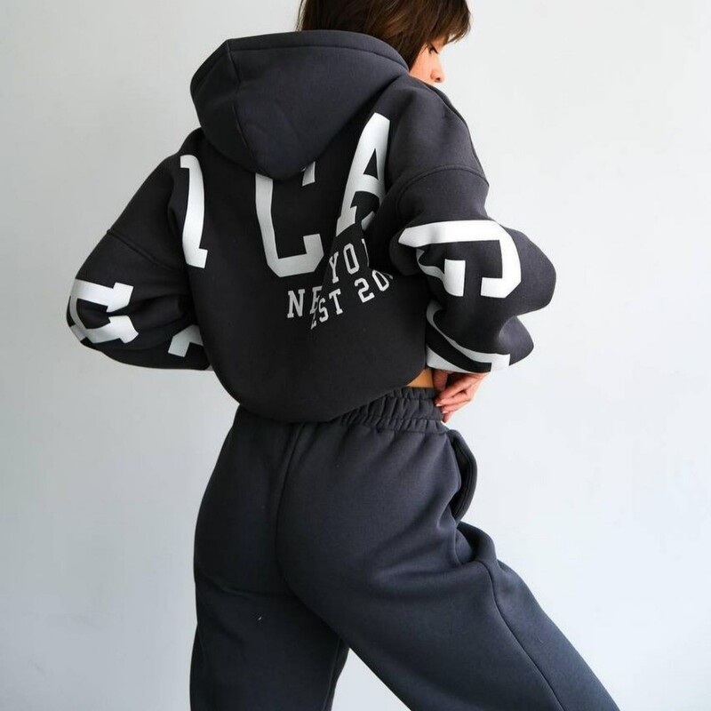 Modni set ženskih trenerki s printom slova Jesen Zima Hoodies i hlače visokog struka Ležerni široki jednobojni sportski dvodijelni set 2024.
