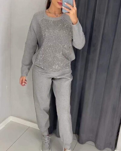 Casual καυτό διαμαντένιο κοστούμι άνοιξη Νέο αθλητικό κοστούμι μόδας στρογγυλό λαιμό μακρυμάνικο πουλόβερ επάνω ελαστικό παντελόνι μέσης σετ δύο τεμαχίων