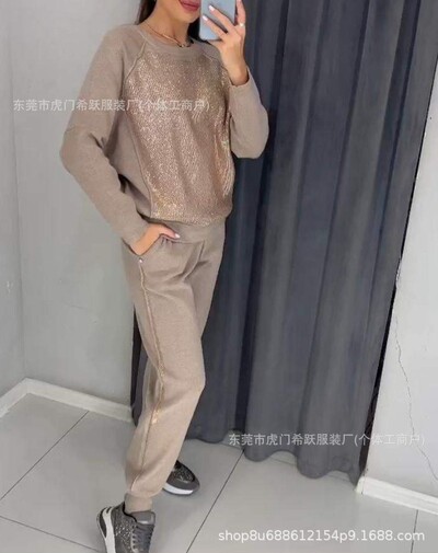 Casual καυτό διαμαντένιο κοστούμι άνοιξη Νέο αθλητικό κοστούμι μόδας στρογγυλό λαιμό μακρυμάνικο πουλόβερ επάνω ελαστικό παντελόνι μέσης σετ δύο τεμαχίων