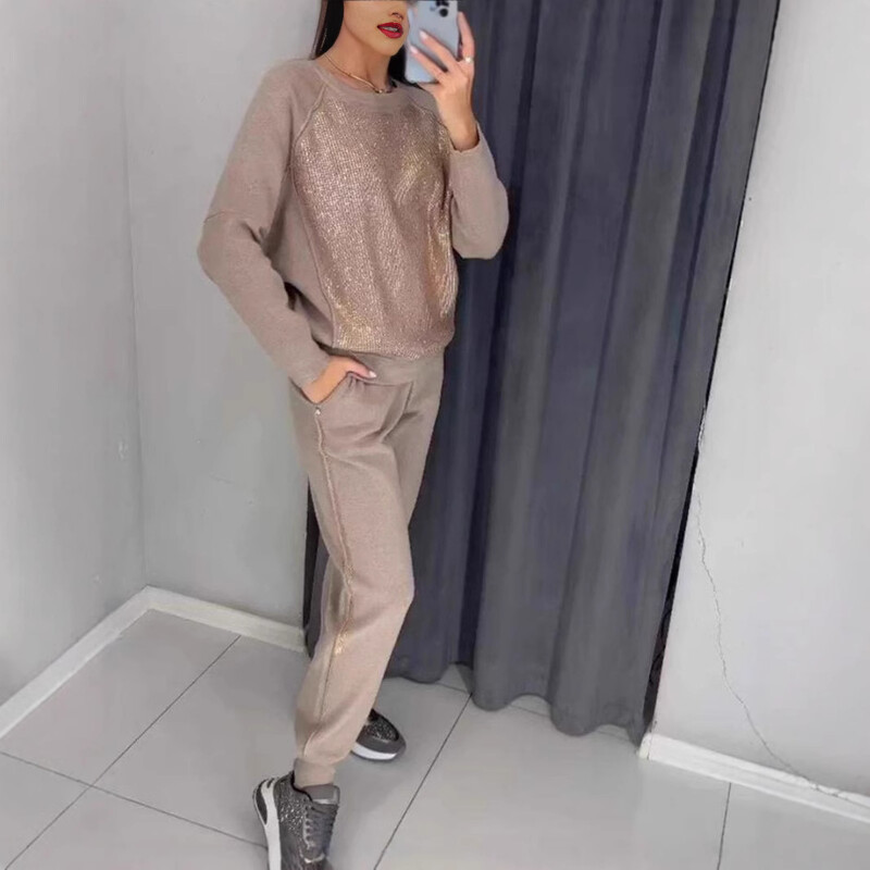 Casual καυτό διαμαντένιο κοστούμι άνοιξη Νέο αθλητικό κοστούμι μόδας στρογγυλό λαιμό μακρυμάνικο πουλόβερ επάνω ελαστικό παντελόνι μέσης σετ δύο τεμαχίων