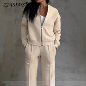 Ženska jesenska jednobojna sportska trenirka Ležerna trenirka s patentnim zatvaračem Kaput i kompleti ravnih hlača Zimsko odijelo dugih rukava od 2 komada