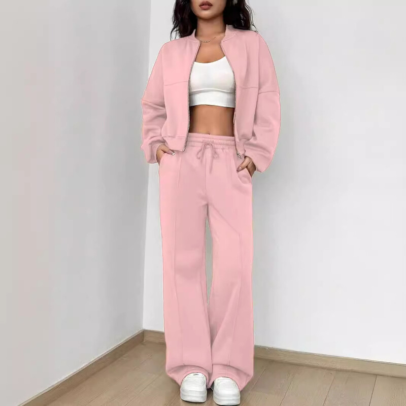 Pilka „Bomber“ striukė, kelnaitės, moteriška 2 dalių rinkinys, laisvalaikio ilgomis rankovėmis, užtrauktuku, laisvalaikio kieto megztinio kelnės, kostiumas, rudens sportinė apranga