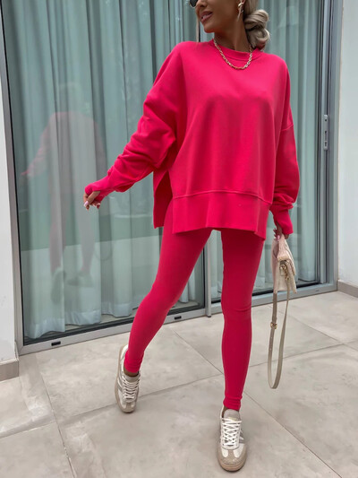 Moterų sportinio kostiumo, 2 dalių rinkiniai, naujiena Rudens laisvalaikio negabaritinių megztinių „Slit Fitness“ plonas aukšto juosmens antblauzdžių komplektas su gobtuvu, moteriška