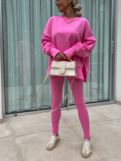 Moterų sportinio kostiumo, 2 dalių rinkiniai, naujiena Rudens laisvalaikio negabaritinių megztinių „Slit Fitness“ plonas aukšto juosmens antblauzdžių komplektas su gobtuvu, moteriška