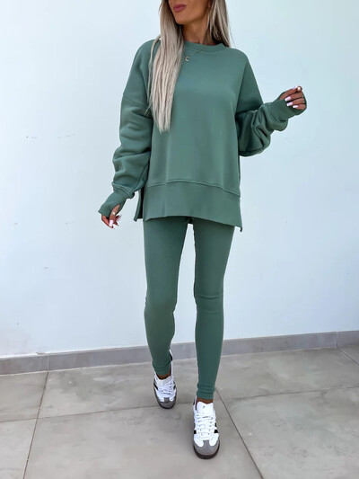 Moterų sportinio kostiumo, 2 dalių rinkiniai, naujiena Rudens laisvalaikio negabaritinių megztinių „Slit Fitness“ plonas aukšto juosmens antblauzdžių komplektas su gobtuvu, moteriška