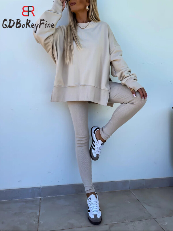 Moterų sportinio kostiumo, 2 dalių rinkiniai, naujiena Rudens laisvalaikio negabaritinių megztinių „Slit Fitness“ plonas aukšto juosmens antblauzdžių komplektas su gobtuvu, moteriška