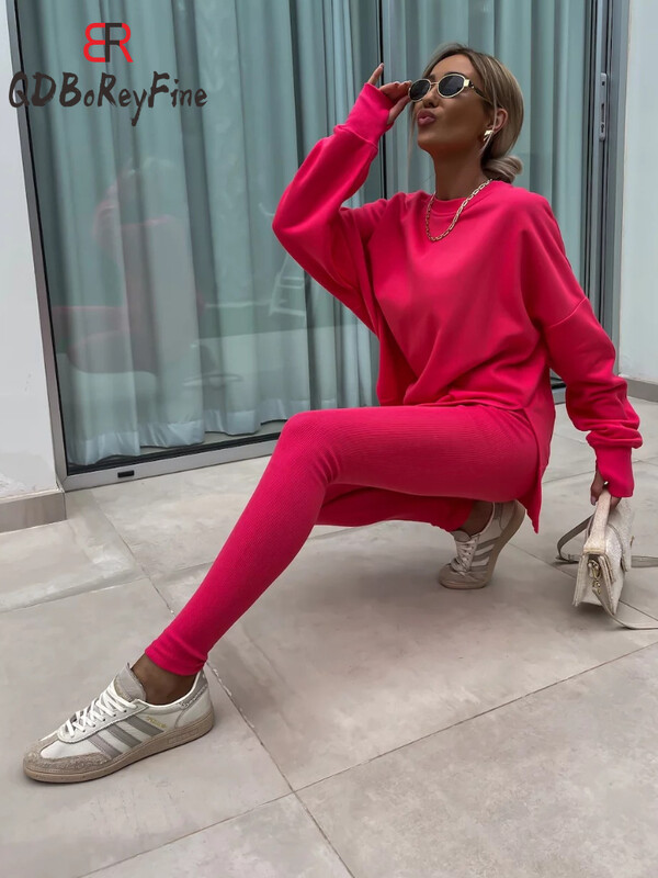 Moterų sportinio kostiumo, 2 dalių rinkiniai, naujiena Rudens laisvalaikio negabaritinių megztinių „Slit Fitness“ plonas aukšto juosmens antblauzdžių komplektas su gobtuvu, moteriška