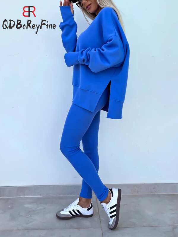 Moterų sportinio kostiumo, 2 dalių rinkiniai, naujiena Rudens laisvalaikio negabaritinių megztinių „Slit Fitness“ plonas aukšto juosmens antblauzdžių komplektas su gobtuvu, moteriška