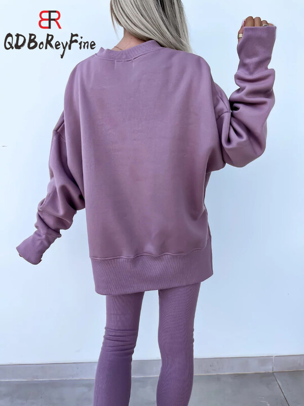 Moterų sportinio kostiumo, 2 dalių rinkiniai, naujiena Rudens laisvalaikio negabaritinių megztinių „Slit Fitness“ plonas aukšto juosmens antblauzdžių komplektas su gobtuvu, moteriška