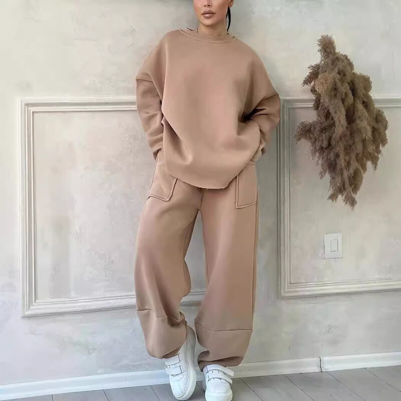 Nauji moteriški rudens žiemos laisvalaikio palaidi megztiniai 2 dalių komplektas su apvaliu kaklu ilgomis rankovėmis surištos kelnės Sportinis dviejų dalių kostiumas