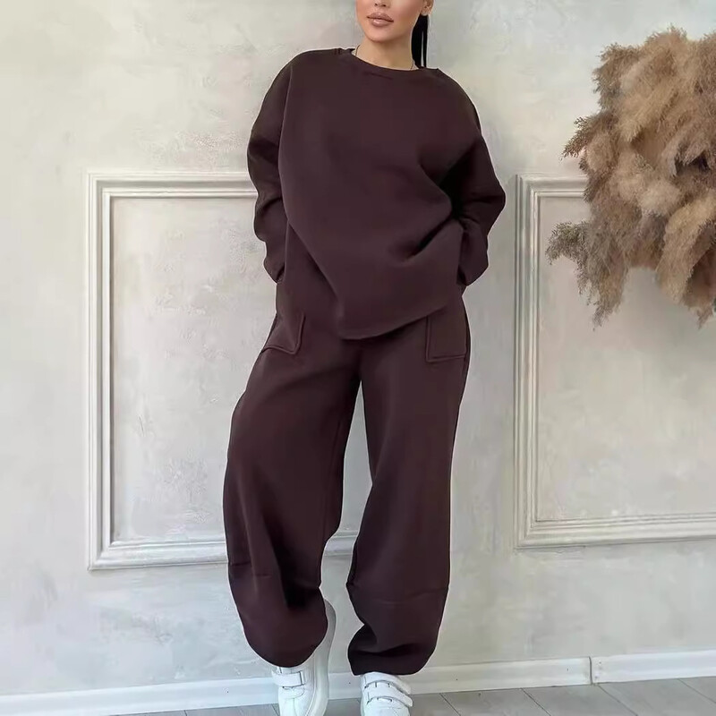 Nauji moteriški rudens žiemos laisvalaikio palaidi megztiniai 2 dalių komplektas su apvaliu kaklu ilgomis rankovėmis surištos kelnės Sportinis dviejų dalių kostiumas