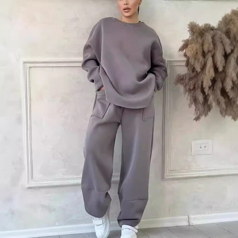 Nauji moteriški rudens žiemos laisvalaikio palaidi megztiniai 2 dalių komplektas su apvaliu kaklu ilgomis rankovėmis surištos kelnės Sportinis dviejų dalių kostiumas