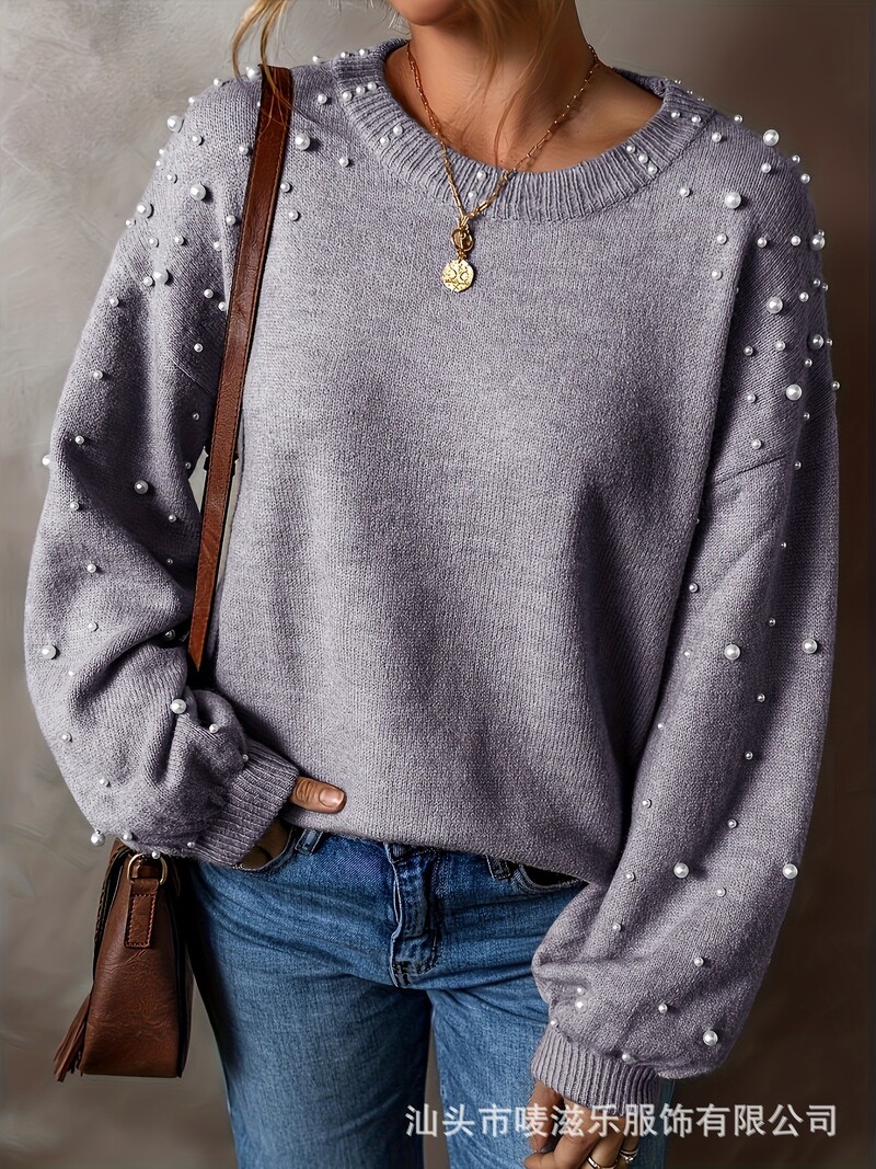 Nový dámsky sveter na jeseň a zimu 2024, voľný korálkový sveter, veľká veľkosť, sveter s okrúhlym výstrihom, sveter s dlhým rukávom